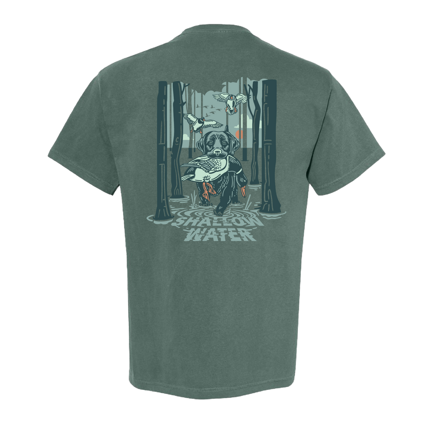 Back view mockup of The Dale Tee in Blue Spruce, showcasing the vibrant design, perfect for outdoor enthusiasts and water lovers.