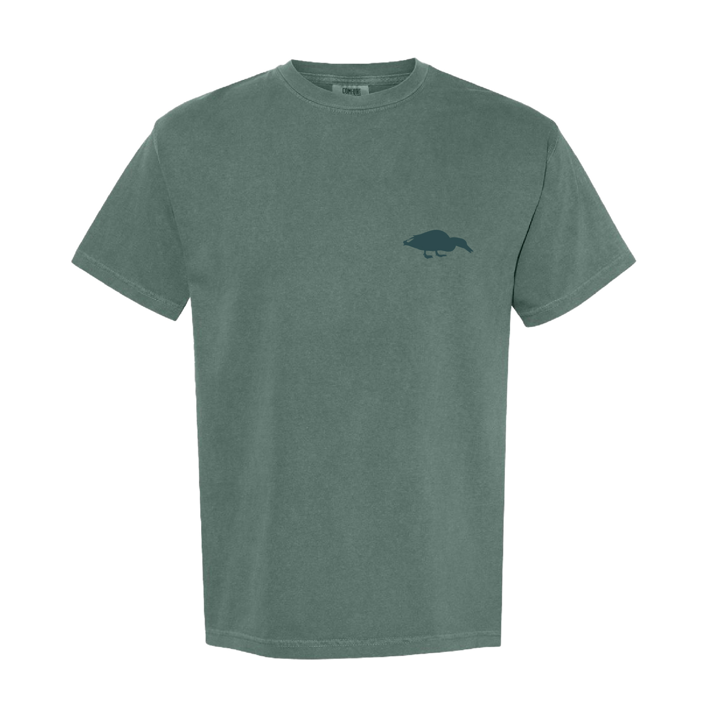 Front view mockup of The Dale Tee in Blue Spruce featuring the iconic duck pocket logo, symbolizing the outdoors lifestyle.