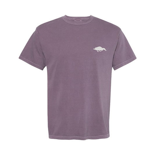 Front mockup of Berry Icon Tee featuring subtle Shallow Water Co. icon on the pocket, vibrant color and relaxed fit.