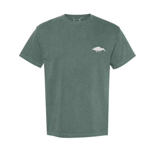 Flat lay of Blue Spruce Icon Tee showcasing small Shallow Water Co. icon on the pocket, classic fit and soft garment-dyed cotton.