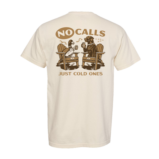 Back view of the No Calls Tee featuring a playful duck and dog design, capturing the fun and laid-back off-season vibe.