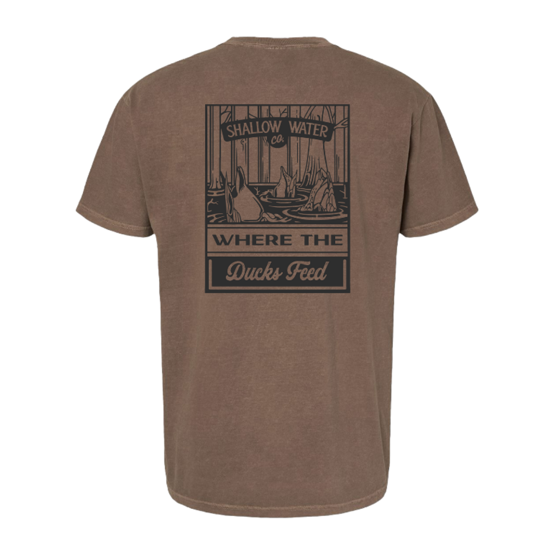 Back view mockup of the Where the Ducks Feed Tee, showcasing its bold design, ideal for waterfowl hunters and outdoor enthusiasts.